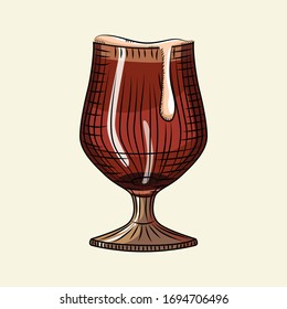 Glass of dark beer with foam isolated. Alcohol drink poster. For pub menu, cards, banner, prints, packaging. Engraving style. Vector illustration