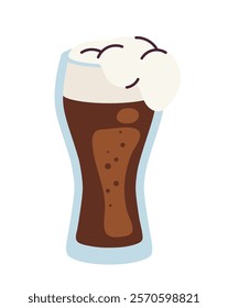 Glass of dark beer with frothy foam on top, depicted in a simple, flat style on a white background. Concept of refreshing beverages. Vector illustration