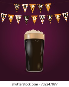 A glass with dark beer. Invitation to the holiday Halloween. Carnival for holiday with flags of Garland. Vector. Greeting card. Free space for your ad or text.