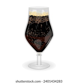 Glass of dark beer isolated on white background. Glass full with brown beer and foam. Porter ale. Patrick day or oktoberfest celebration. Stock vector