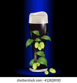 Glass of dark beer wrapped hops. Realistic vector illustration