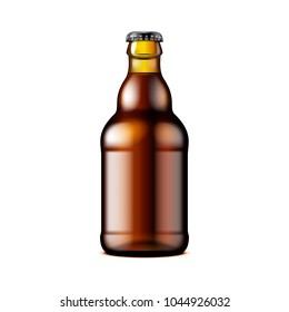 Glass Dark Brown Beer, Ale, Cider Bottle. Carbonated Soft Drink. Mock Up Template. Illustration Isolated On White Background. Ready For Your Design. Product Packaging. Vector EPS10