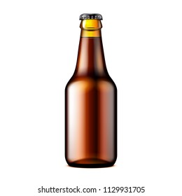 Glass Dark Brown Beer, Ale, Cider Bottle. Carbonated Soft Drink. Mock Up Template. Illustration Isolated On White Background. Ready For Your Design. Product Packaging. Vector EPS10