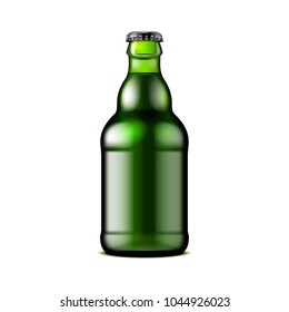 Glass Dark Green Beer, Ale, Cider Bottle. Carbonated Soft Drink. Mock Up Template. Illustration Isolated On White Background. Ready For Your Design. Product Packaging. Vector EPS10