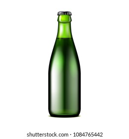 Glass Dark Green Beer, Ale, Cider Bottle. Carbonated Soft Drink. Mock Up Template. Illustration Isolated On White Background. Ready For Your Design. Product Packaging. Vector EPS10