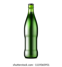 Glass Dark Green Beer, Ale, Cider Bottle. Carbonated Soft Drink. Mock Up Template. Illustration Isolated On White Background. Ready For Your Design. Product Packaging. Vector EPS10