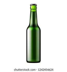 Glass Dark Green Beer, Ale, Cider Bottle. Carbonated Soft Drink. Mock Up Template. Illustration Isolated On White Background. Ready For Your Design. Product Packaging. Vector EPS10