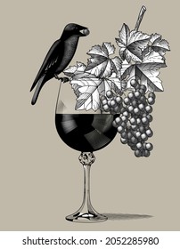 Glass with dark wine, bunch of grapes with leaves and black bird. Vintage engraving stylized drawing. Vector illustration