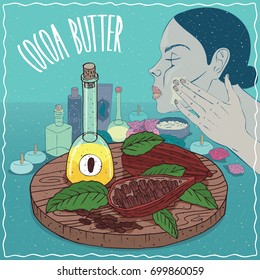 Glass Decanter of Cocoa butter oil and pods and beans of Theobroma cacao plant. Girl applying facial mask on face. Natural vegetable oil used for skin care. Vector illustration