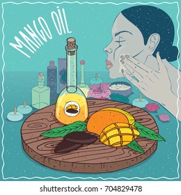 Glass Decanter of Mango seed oil and fruits and seeds of Mangifera indica plant. Girl applying facial mask on face. Natural vegetable oil used for skin care. Vector illustration