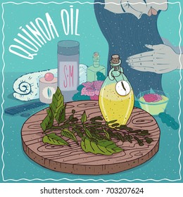 Glass Decanter of Quinoa oil and Quinoa plant. Girl applying hair conditioner. Natural vegetable oil used for hair care. Vector illustration
