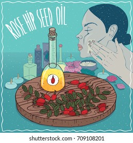 Glass Decanter of Rose hip seed oil and flowers and leaves of Rosa plant. Girl applying facial mask on face. Natural vegetable oil used for skin care. Vector illustration