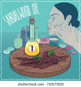 Glass Decanter of Sandalwood oil and chips and billets cut of Sandal plant. Girl applying facial mask on face. Natural vegetable oil used for skin care. Vector illustration