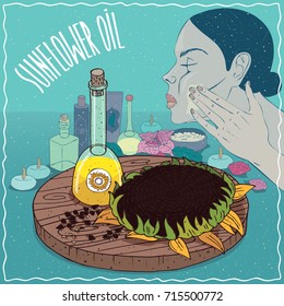 Glass Decanter of Sunflower oil and disk of Helianthus plant. Girl applying facial mask on face. Natural vegetable oil used for skin care. Vector illustration