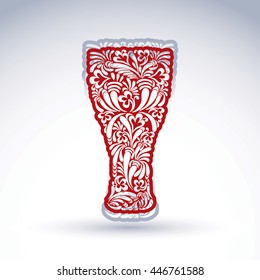 Glass decorated with abstract floral pattern and isolated on white background. Flowery art glassware vector illustration, holiday theme advertising.