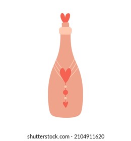 Glass decorated bottle with cork, decor and hearts. Drink, wine, symbol of romance, love. A decorative element for Valentine's Day. Color vector illustration isolated on a white background