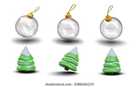 Glass decorative ball with gold loop, green snowy Christmas tree. Empty New Year toy, mockup. Vector objects at different angles. Color winter illustrations