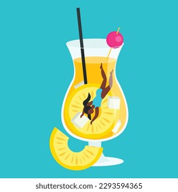 Glass with delicious cold drink. The girl swims inside. Vector graphic.