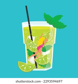Glass with delicious cold drink. The girl swims inside. Vector graphic.