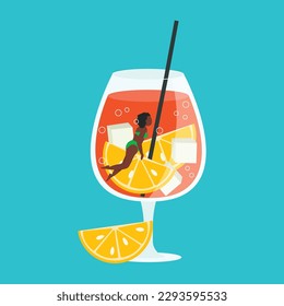 Glass with delicious cold drink. The girl swims inside. Vector graphic.