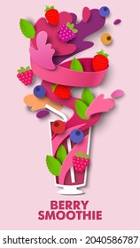 Glass of delicious mixed berry smoothie, vector paper cut illustration. Healthy fruit drink made of strawberry, raspberry, blueberry. Food rich in vitamins and minerals. Berry smoothie poster template