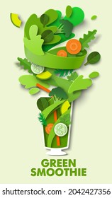 Vidrio de suavidad vegetal deliciosa, papel vectorial ilustración de corte. Bebida saludable hecha de pepino crudo, brócoli y verduras. Alimentos ricos en vitaminas y minerales. Plantilla de banner de póster verde limo