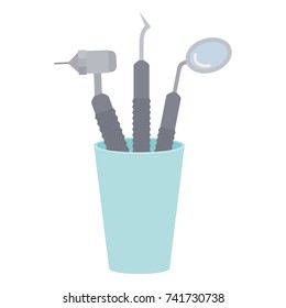 glass with dental cleaning tools and dental mirror in colorful silhouette vector illustration