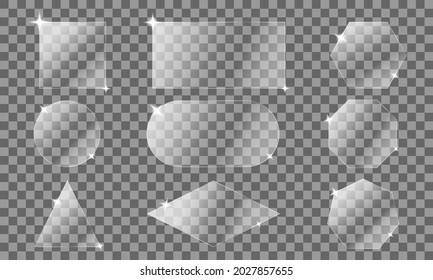 glass design set on transparent background. Acrylic texture with several types of glass shapes, shiny shiny, vector graphics