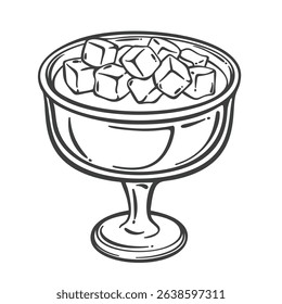 Glass dessert bowl filled with creamy mango pudding and diced mango cubes on top. Classic sweet treat in outline engraving style. Outline vector illustration for dessert menu, packaging, or labels.