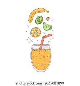 Glass of detox or smoothie refreshing drink with straw and pieces of fruits and vegetables, hand drawn color vector illustration isolated on white background.