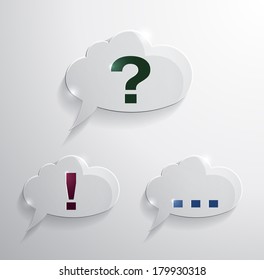 glass dialogue boxes icons with question mark, exclamation mark and three dots 