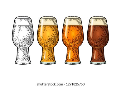 Glass with different types beer - lager, ale, stout. Vintage color vector engraving illustration. Isolated on white background.