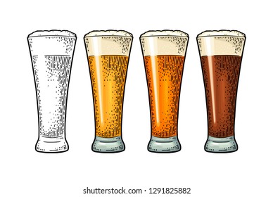 Glass with different types beer - lager, ale, stout. Vintage color vector engraving illustration. Isolated on white background.