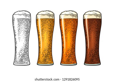 Glass with different types beer - lager, ale, porter. Vintage color vector engraving illustration. Isolated on white background.