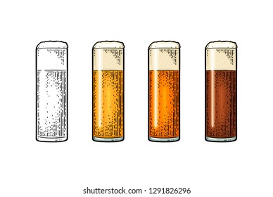 Glass with different types beer - lager, ale, stout. Vintage color vector engraving illustration. Isolated on white background.