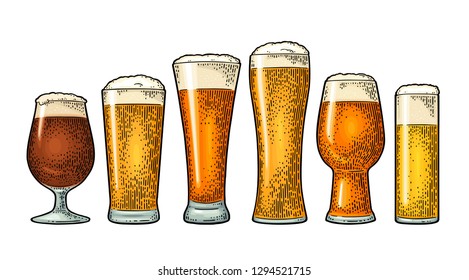 Glass with different types beer - lager, ale, stout. Vintage color vector engraving illustration. Isolated on white background.