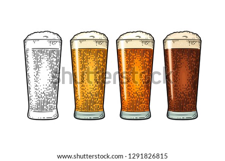 Glass with different types beer - lager, ale, stout. Vintage color vector engraving illustration. Isolated on white background.