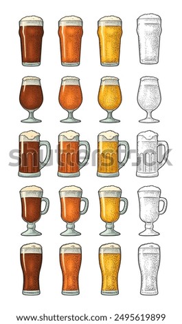 Glass with different types beer - lager, ale, stout. Vintage color vector engraving illustration. Isolated on white background.