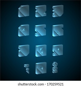 Glass digits and numbers set. 3D digits. Glossy digits. Digits set. Bevel digits. Vector illustration