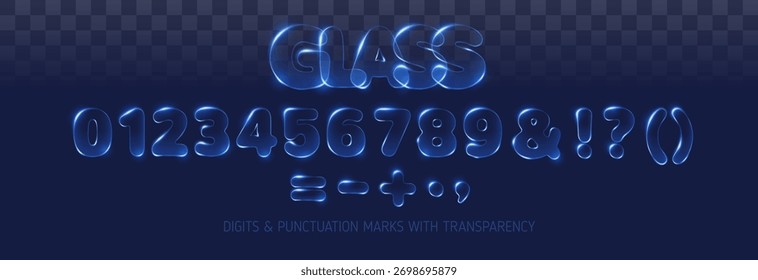 Dígitos de vidro e definição de ilustração vetorial. Números brilhantes transparentes em plano de fundo escuro.