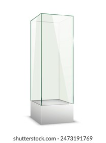 Vitrina de cristal en el pedestal bajo aislado sobre fondo blanco. Ilustración vectorial