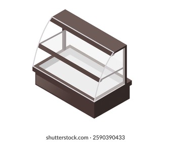 Glass display refrigerator with dark frame. Three-tier food showcase with transparent front. Retail cooler with shelves. Commercial display. Store equipment. Vector illustration isometric.