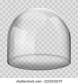 Glass dome. 3D Realistic spherical kitchen utensils, laboratory or exhibition case. Vector isolated glossy shape of showcase safety on transparent background