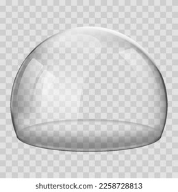 Glass dome. 3D Realistic spherical kitchen utensils, laboratory or exhibition case. Vector isolated glossy shape of showcase safety on transparent background