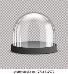 Vitrina de cristal de la bóveda con la base negra en el fondo a cuadros transparente, escaparate vacío para la exposición, protección de la exhibición del museo, frasco claro de la campana