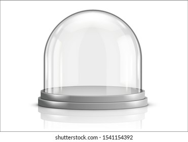 Glass Dome And Gray Plastic Tray Realistic Vector. Glass Round Dome With Plate, Food Storage Container Or Product Presentation Case With Reflection Isolated On White Background