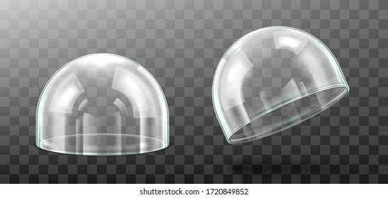 Glass dome isolated on transparent background. Realistic 3d detailed spherical glass dome cover. Vector illustration