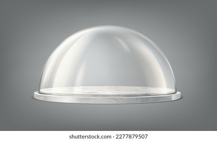 Glass dome on the marble tray. 3d realistic vector icon.  Transparent protective cover. Snow globe, souvenir or kitchen glassware.