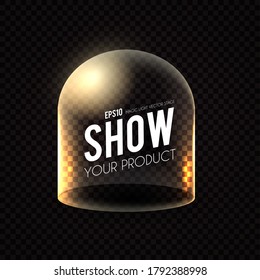 Glass Dome on transparent background with gold light effect.