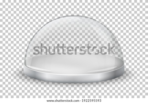 Glass dome on\
transparent background. Crystal case with round silver tray vector\
illustration. Empty realistic Christmas container, display or\
showcase for product\
presentation.